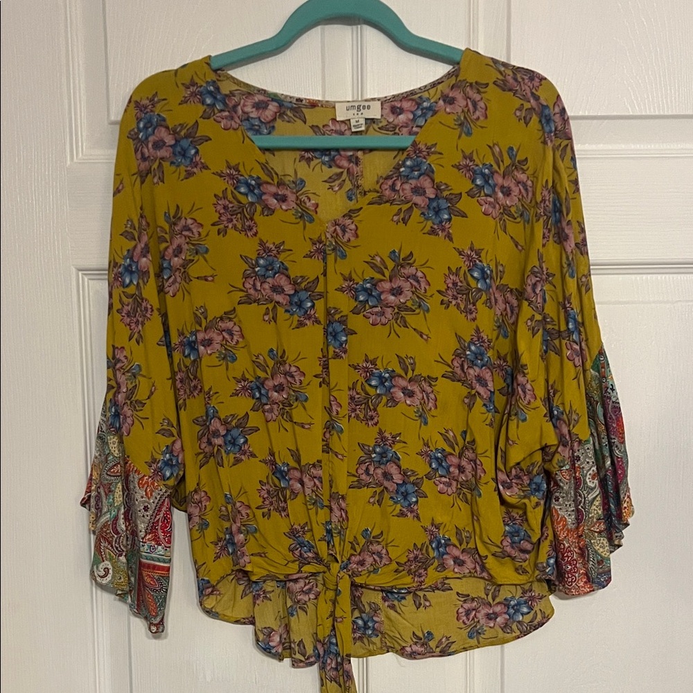 Umgee Mustard Floral Tie-Front Blouse with Pink & Blue Accents